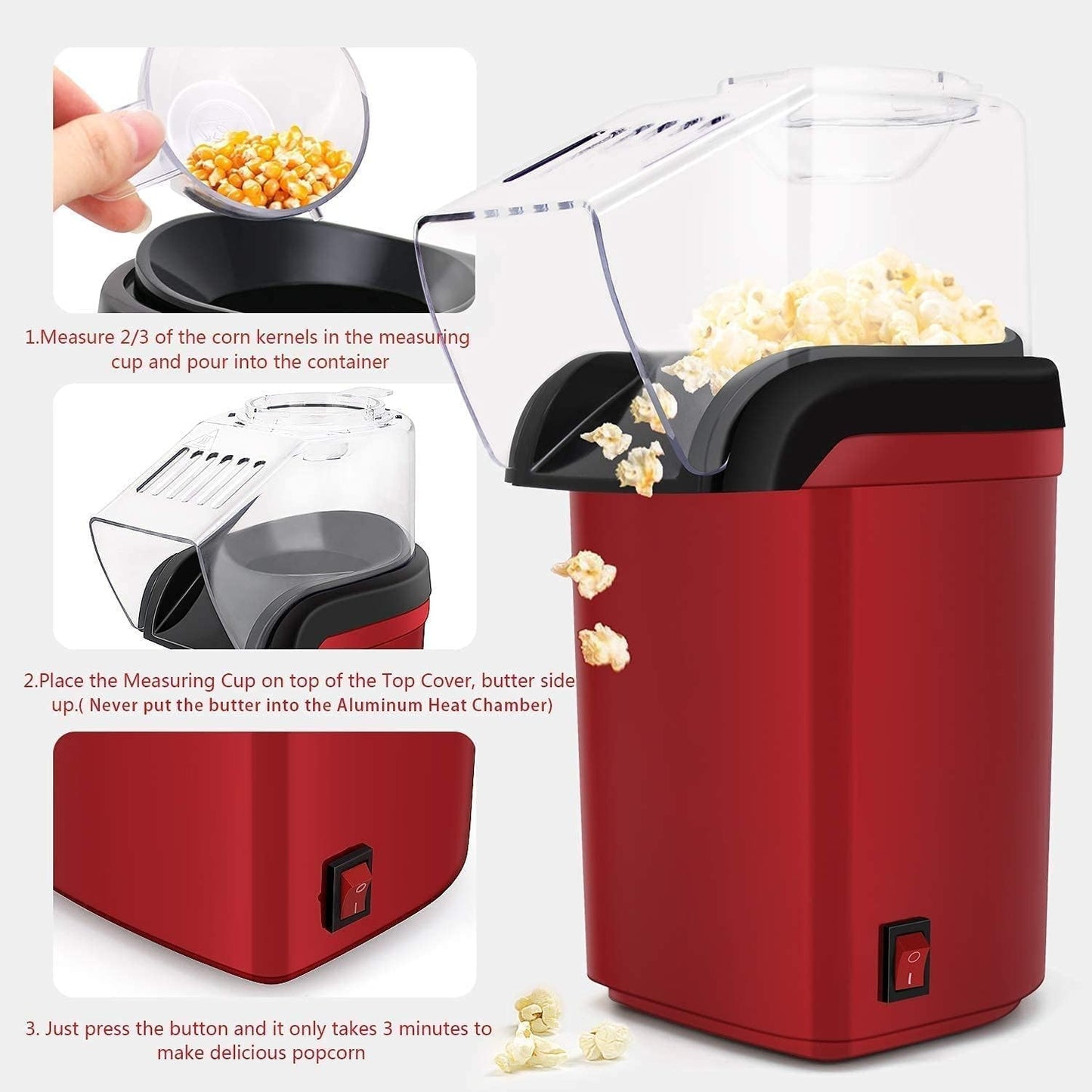 1200W Electric Hot Air Popcorn Popper Maker for Home (just in 3 mins), No Oil Needed Healthy Snack for Kids Adults, Perfect for Party Birthday Gift